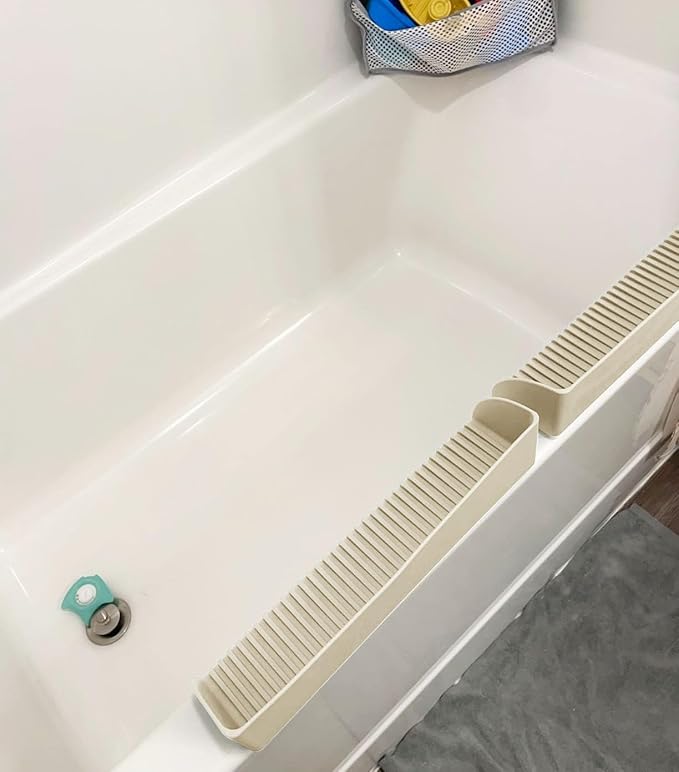 Roslim Splash Guard for Bathtub & Sink - Silicone Kids Bath Splash Guard Shelf, Bath Toy Tray Holder, Tub Water Splash Guard with 4 Suction Cups, Bathroom Accessories for Baby Bath, 1Pack, Beige