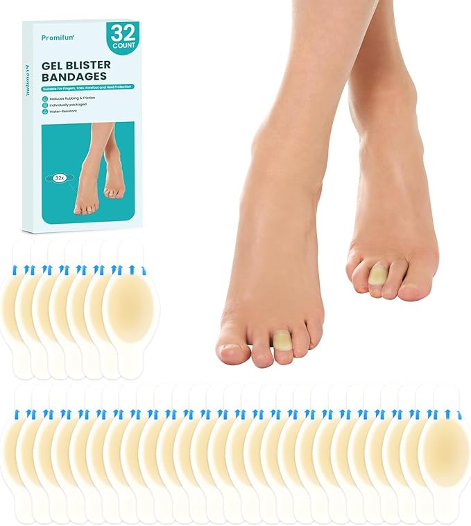Hydrocolloid Gel Blister Bandages Pads - Promifun Waterproof Adhesive Blisters Bandages - Blister Pads for Heel, Foot, Toe, Feet - Gel Blister Chshions for Prevention & Recovery (32ct,Toe Pack)