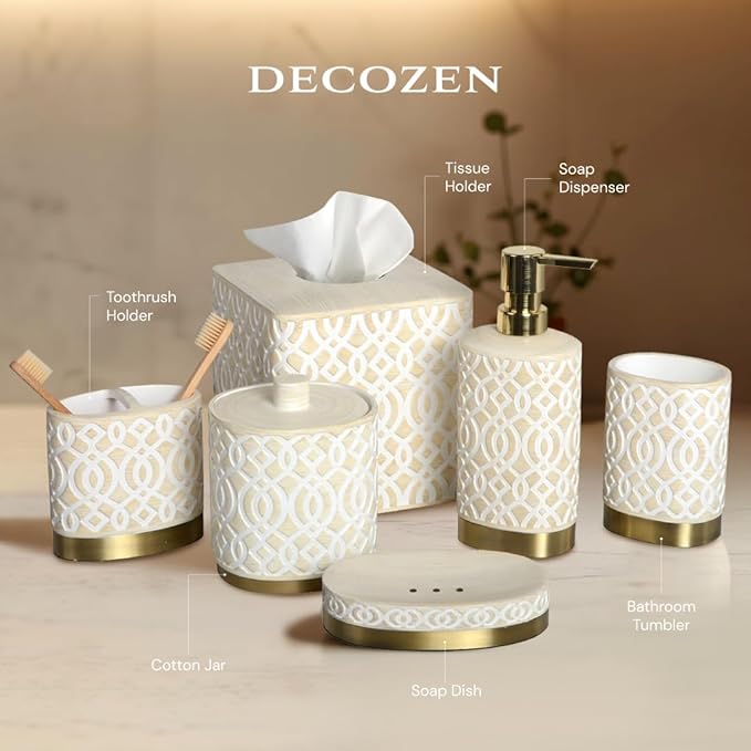 6-Piece Bathroom Accessories Set – Soap Dispenser, Toothbrush Holder, Tumbler, Soap Dish, Cotton Swab Jar & Toilet Brush – Modern Bathroom Decor Set (Solana)