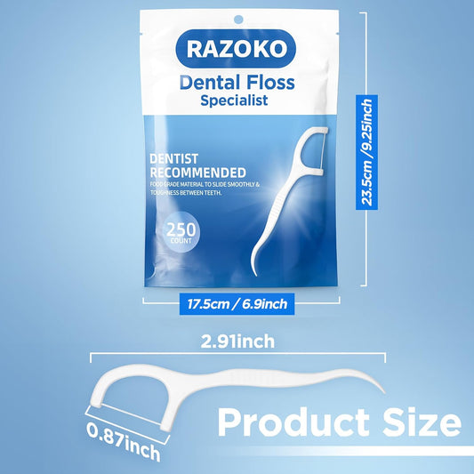 RAZOKO Dental Floss Picks High Pull Toothpicks Sticks,Professional Clean Floss Picks,Unflavored Disposable Flossers Refill Pack 500Pcs