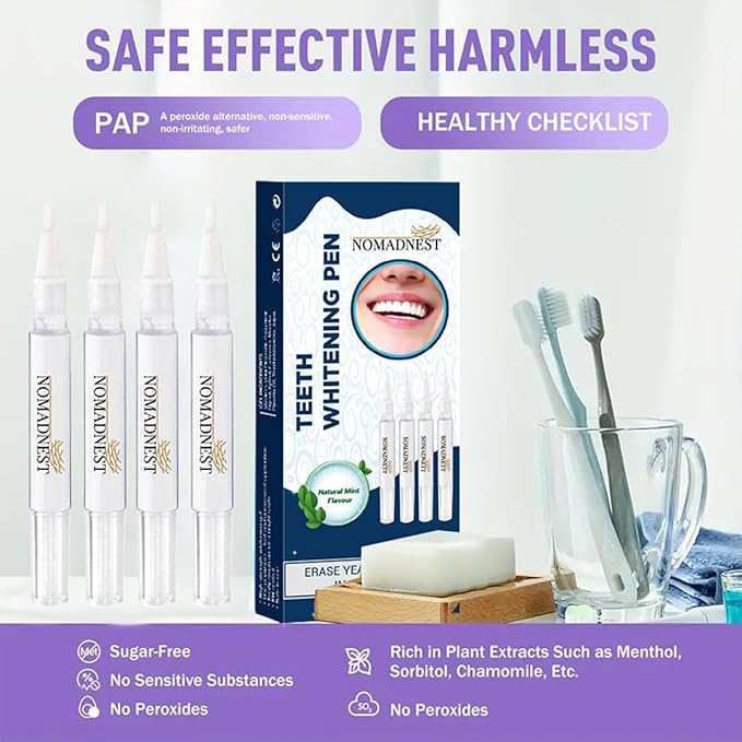 NomadNest Teeth Whitening Pen (4 Pcs) – Painless Teeth Whitener for Sensitive Teeth, Mint Flavor Whitening Gel, Removes Coffee & Tea Stains, Enamel-Safe, Travel-Friendly for a Brighter Smile