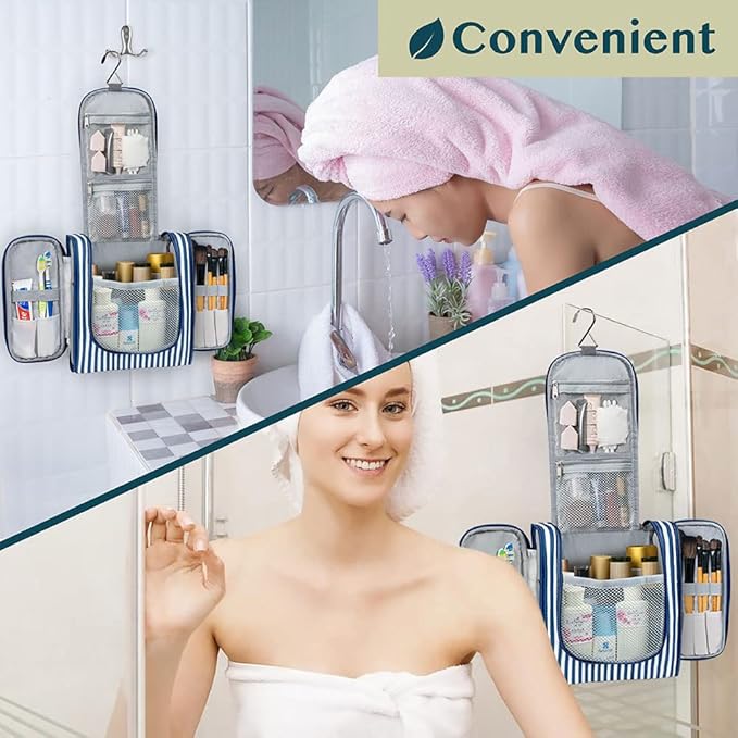 PAVILIA Toiletry Bag Travel Bag for Women Men, Hanging Cosmetic Organizer, Water Resistant Makeup Bag for Accessories Toiletries, Large Travel Essentials Kit (Stripe Navy)