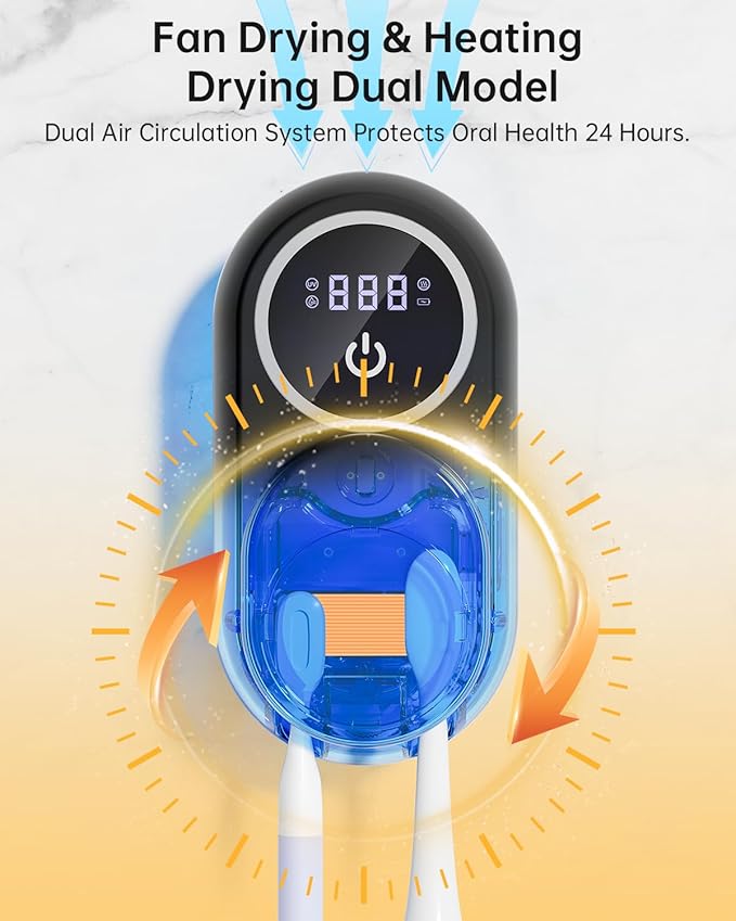 Toothbrush Holder & Toothbrush Cleaner, UV Toothbrush Sanitizer and Holder 2 Slots, Cleaning and Fan & Heat Drying, LED Smart Screen, Wall Mounted Tooth Brush Holder for Bathrooms (Black)