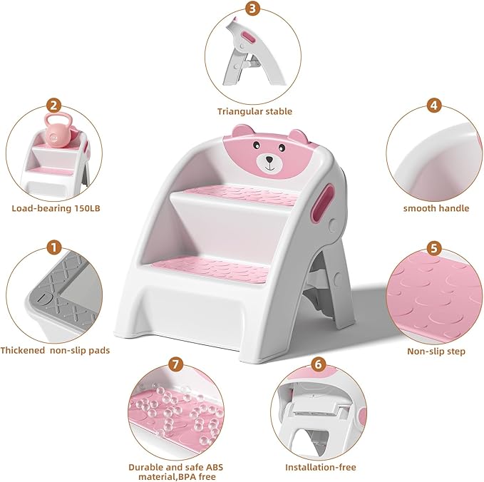 TPN Toddler Step Stool for Bathroom Sink and Potty Training Durable Anti-Slip,Anti-Tip A-Frame,10-Second Assembly, 2-Step Potty Stool with Wide Steps (Pink)