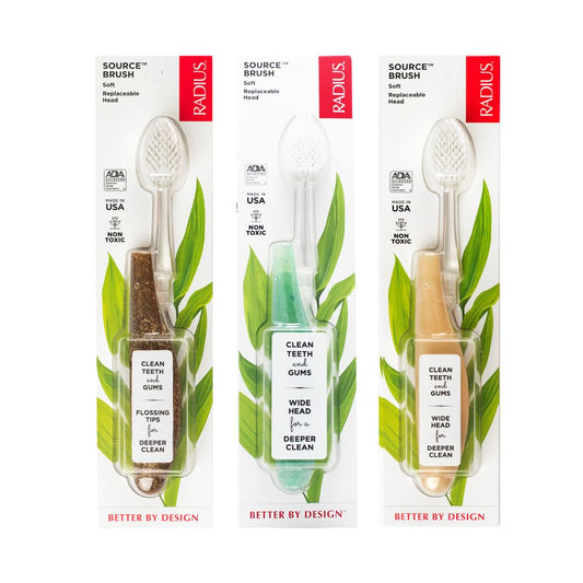 RADIUS Toothbrush Source Floss Brush BPA Free & ADA Accepted Improve Gum Health & Reduce Gum Issues - Soft - Hemp/Soda Pop Ecogrind/Starch- Pack of 3