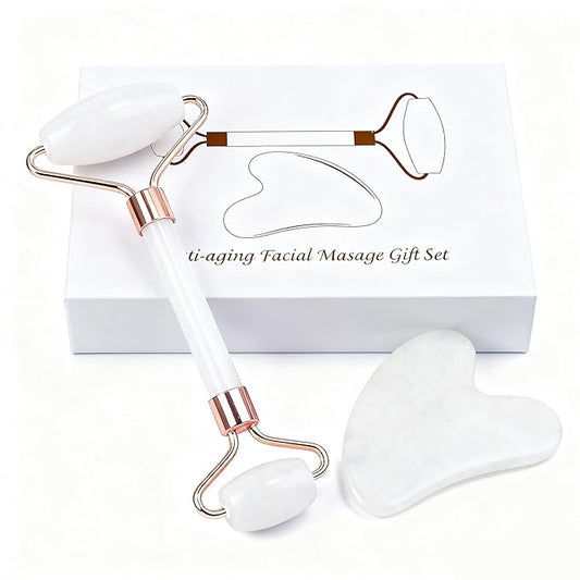 Jade roller and gua sha, facial roller, women's skincare tool, self-care gift, face, eye, neck massager, relieves fine lines and wrinkles, aventurine, opal, rose quartz