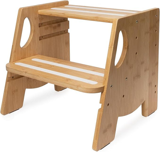 Wooden Toddler Step Stool for Bathroom Sink, Height-Adjustable, Luminous Anti-Slip Strips, Bamboo 2-Step Stool for Kids Adults, 300lbs, for Toilet Potty Training, Kitchen Counter, Bed