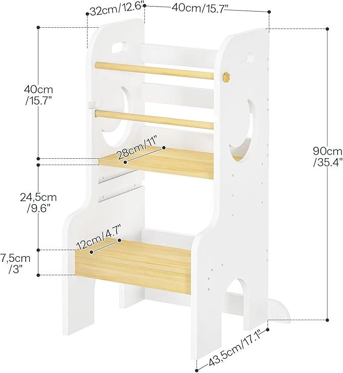 HOOBRO Toddler Standing Tower, Adjustable Height Toddler Step Stool with Back Protection, Kids Kitchen Step Stool with Safety Rails and Non-Slip Foot Pads, for Kitchen, Bathroom, White WN90JD01