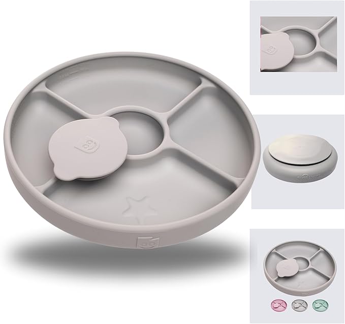 TalkTools Bitsy Silicone Baby Suction Plate with Locking Lid – Divided Plate for Toddlers Learning to Self-Feed – Non-Slip, BPA-Free, Microwave + Dishwasher Safe Baby Mealtime Plate(Cloud).