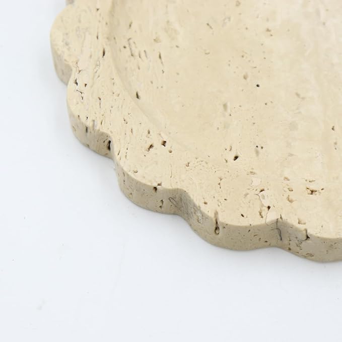 Round Marble Decorative Tray with Scalloped Edge, Luxury Natural Stone Bathroom Vanity Tray, Dresser Top Perfume Coffee Home Kitchen Sink Tray, Key Trinket Ring