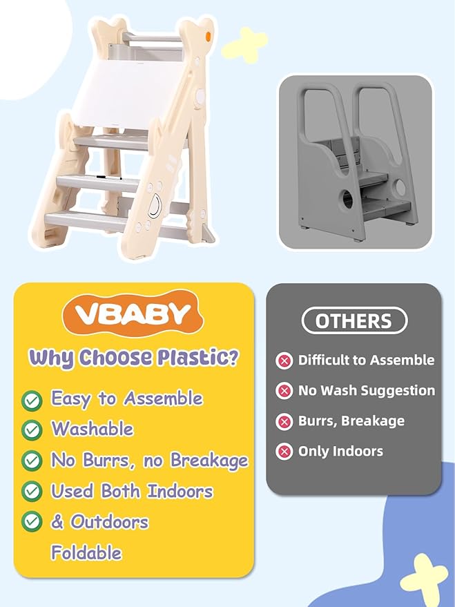 VBABY Foldable Toddler Tower, Plastic Kids Kitchen Stool, Adjustable Height Toddler Step Stool, Certified Standing Tower, White