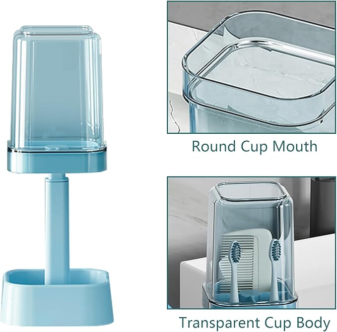 Toothbrush Holder with Cup/Cover, 3 Slots Toothpaste Holder Stand for Bathroom Countertop Plastic Storage Organizer for Toothbrushes, Electric Toothbrushes (Blue)