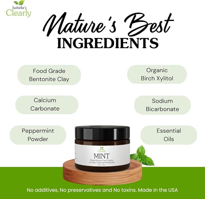 Isabella's Clearly Mint Remineralizing Tooth Powder - Natural Fluoride Free Toothpaste for Adults, Teeth Whitening, Xylitol, Baking Soda, Clay, Calcium