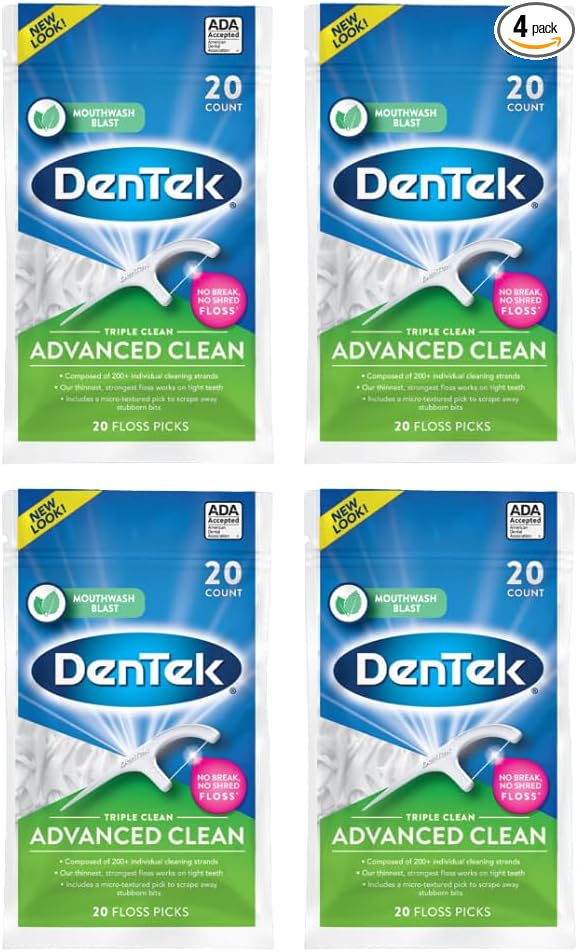 DenTek Triple Clean Advanced Clean Floss Picks, No Break & No Shred Floss, 20 Count (Pack of 4)