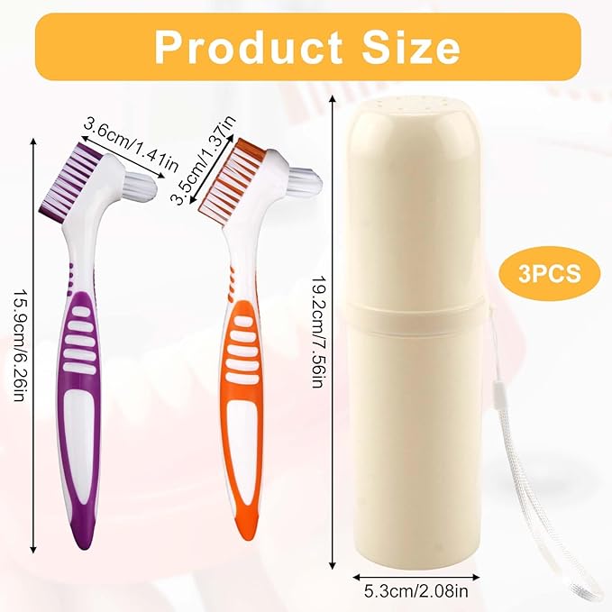 Denture Cleaning Brush Set,Unique Anti-mold Perforated Breathable Cover Denture Cleaning Brush Set with 1 White Carrying Case, Multi-Layered Bristles Ergonomic Rubber Handle for Denture Toothbrush (2)