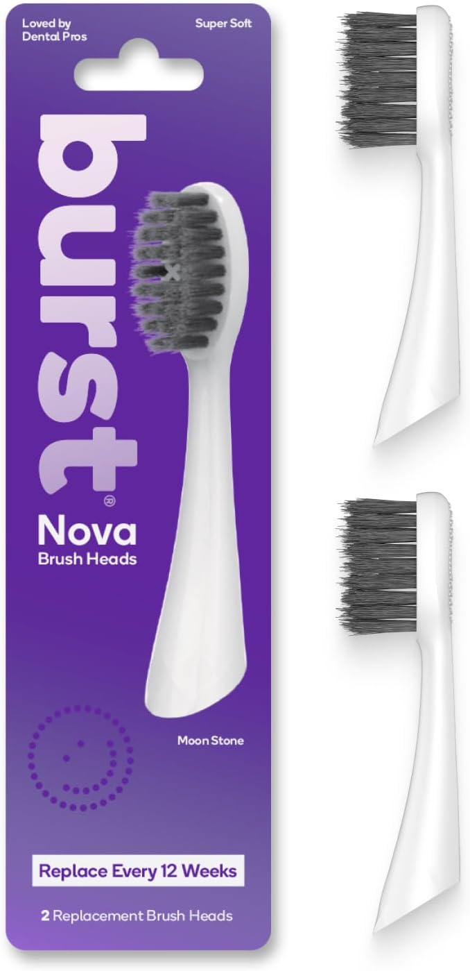BURST Replacement Heads for Nova Sonic Toothbrush (White) | Super-Soft Bristles Reduce Risk of Abrasion & Irritation | Tapered Ends Reach Below The Gumline | for a Whiter, Brighter Smile