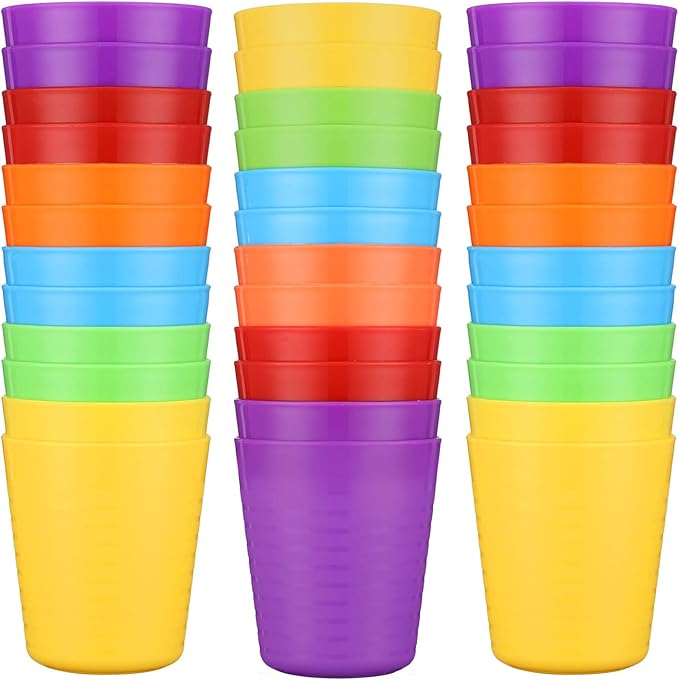 Eccliy 36pcs 8 oz Christmas Cups Unbreakable Plastic Stackable Juice Reusable Tumblers Bulk Plastic Drinking Cups for Kid Toddlers Baby Kid, Dishwasher Safe(Bright Color)