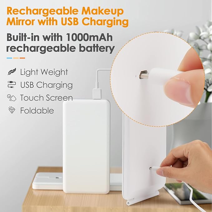 Rechargeable Travel Makeup Mirror 72 LED Lighted Compact Slim Vanity with Lights 3 Lighting Modes Dimmable Touch Screen (White),(DenCert)