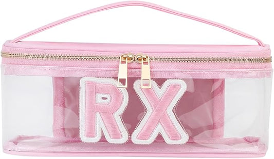 Clear Waterproof MEDS RX Makeup Bag，Transparent PVC Letter Patch medication travel case with Handle and Zipper, Portable Meds First Aid Travel Organizer Cosmetic Bag(03 Pink RX)