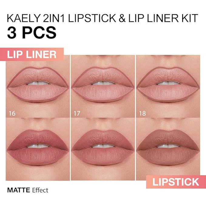 evpct 3Pcs Antique Dusty Rose Nude Pink Brown Gradient Matte Lipstick Lip Liner Crayon Combo Pencil Set for Women Long Lasting, Cream Lip Liner and Lipstick Combo Makeup，Flawless Gradual Ombre Effect