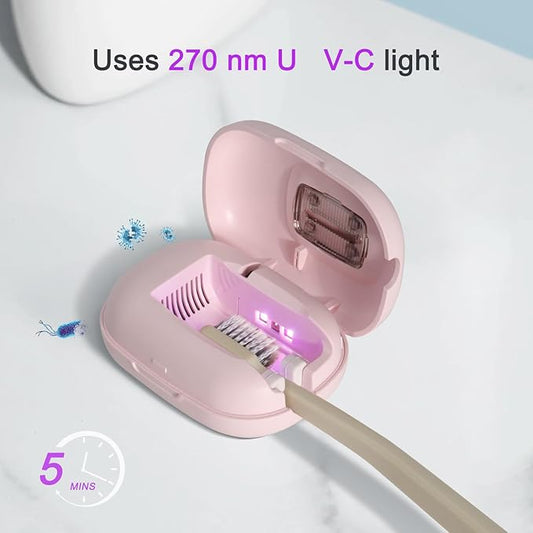 Toothbrush Holder, Toothbrush Cleaner Case, Portable USB Charging Toothbrush Cover with U V-C Light, Travel Toothbrush Holder (Pink-Fan-Heat)