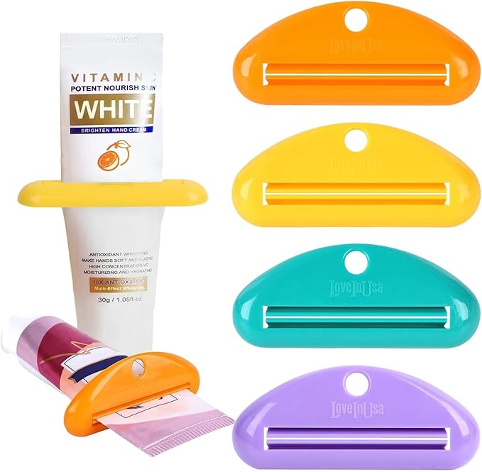 LOVEINUSA Toothpaste Tube Squeezer Dispenser, 4PCS Hanging Tooth Paste Clips Roller Squeezer Holder for Saving Toothpaste Facial Cleanser Creams Paint, Assorted Colors
