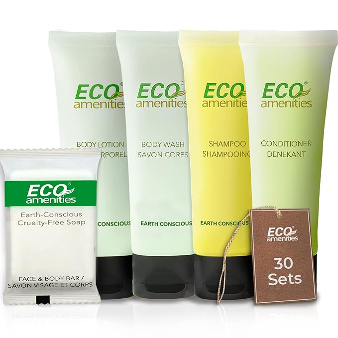 ECO amenities Travel Essentials Toiletry Kit - 150-Piece, 30 x 30ml Shampoo & Conditioner - 30 x 30ml Body Wash & Lotion - 30 x 28g Soap