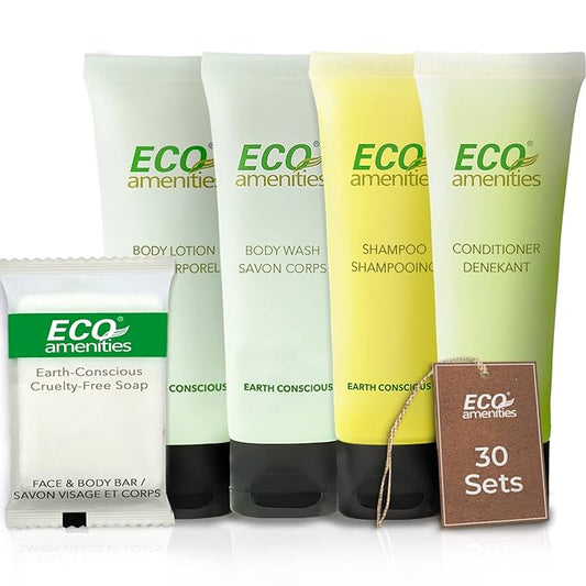 ECO amenities Travel Essentials Toiletry Kit - 150-Piece, 30 x 30ml Shampoo & Conditioner - 30 x 30ml Body Wash & Lotion - 30 x 28g Soap