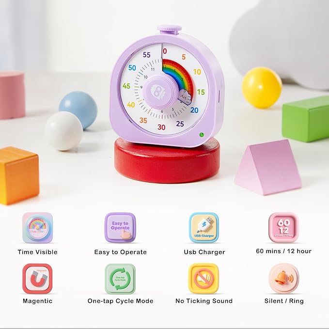 Visual Timer – Rainbow Magnetic Timer for Classroom, 60min/12h Rechargeable Countdown Timers, Silent Pomodoro Timers for Kids & Adults with ADHD