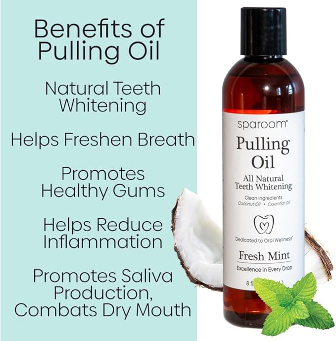 SpaRoom Oil Pulling for Teeth and Gums – Coconut Oil Pulling for Teeth with Tongue Scraper, Fresh Mint Flavor, Natural Mouthwash Alternative for Gum Health, Oral Hygiene, and Breath Support, 8 fl oz