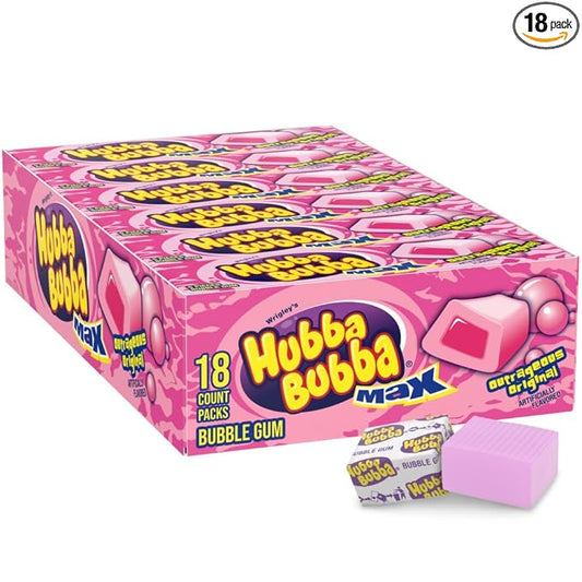 HUBBA BUBBA Gum Max Bubble Gum Bulk, Individually Wrapped, Original Flavor, 5 Count Packs, 18 Pack Bundle