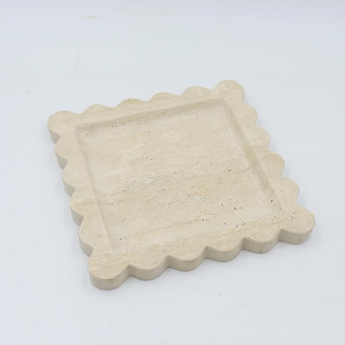 Square Marble Decorative Tray with Scalloped Edge, Luxury Natural Stone Bathroom Vanity Tray, Dresser Top Perfume Coffee Home Kitchen Sink Tray, Key Trinket Ring