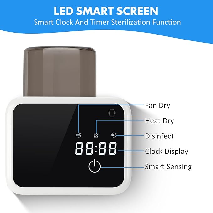 Wall Mounted Toothbrush Cleaning Holder, 2 Slots UV Toothbrush Cleaner with LED Screen, Timer and Cup, Smart Toothbrush Storage with Heating and Fan Drying for Bathroom Organizer & Decor - White