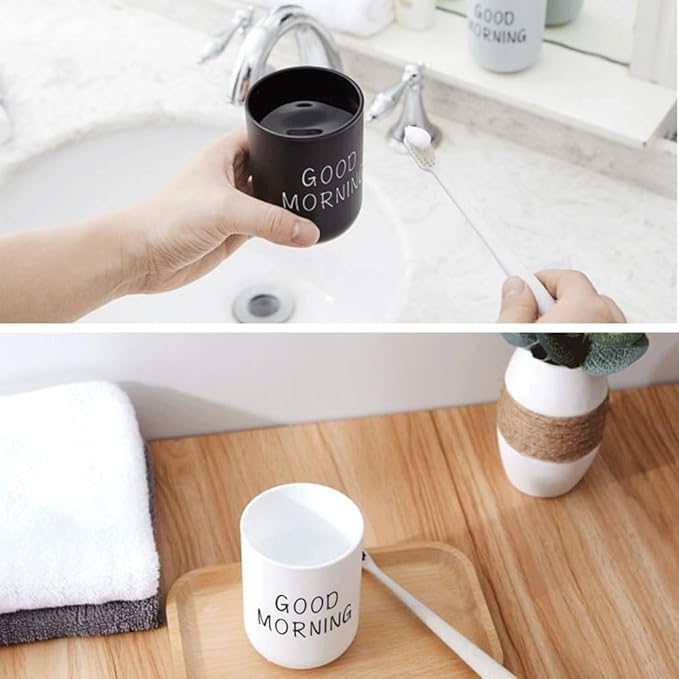 Minimalist Mouthwash Cup, 300ml Large Capacity，Black and White Colors, Good Morning Printed Design, Durable, Eco Friendly, Easy to Clean, Perfect for Bathroom and Travel (Black & White)