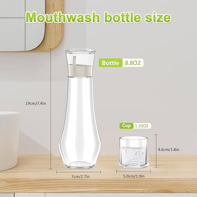 Glass Mouthwash Dispenser for Bathroom, 8.8 oz Refillable Mouthwash Container With Lid Cup, Small Clear Mouthwash Bottle for Countertop