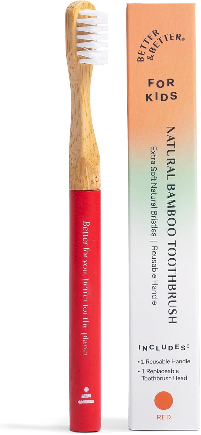 Better & Better Natural Bamboo Toothbrush for Kids | Extra Soft Bristle Toothbrush | 100% Plant-Based | Reusable Handle, Replaceable Brush Head | Eco-Friendly, Zero Plastic (Red)