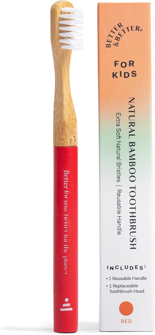 Better & Better Natural Bamboo Toothbrush for Kids | Extra Soft Bristle Toothbrush | 100% Plant-Based | Reusable Handle, Replaceable Brush Head | Eco-Friendly, Zero Plastic (Red)