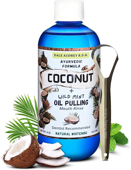 Dale Audrey Coconut Pulling Oil for Teeth and Gums with Stainless Steel Tongue Scraper | CocoMint Oil Pulling Mouthwash, Ayurvedic Alcohol-Free Teeth Whitening Mouthwash for Gums & Bad Breath- 8 FL Oz