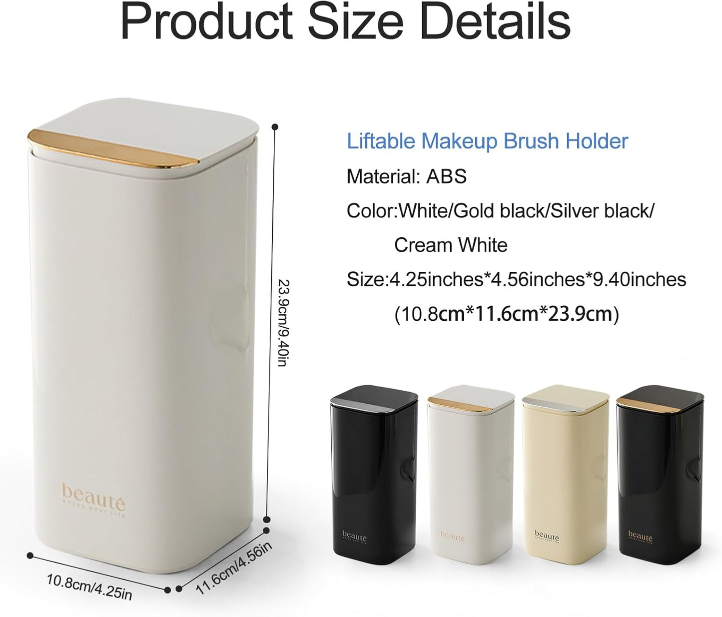 DASITON Makeup Brush Holder with Lid,4 Slots Makeup Brush Organizer,Automatic Lifting Makeup Cosmetics Organizer,for Vanity Decor,Bathroom Countertop,Dustproof Cosmetic Brushes Container(White)