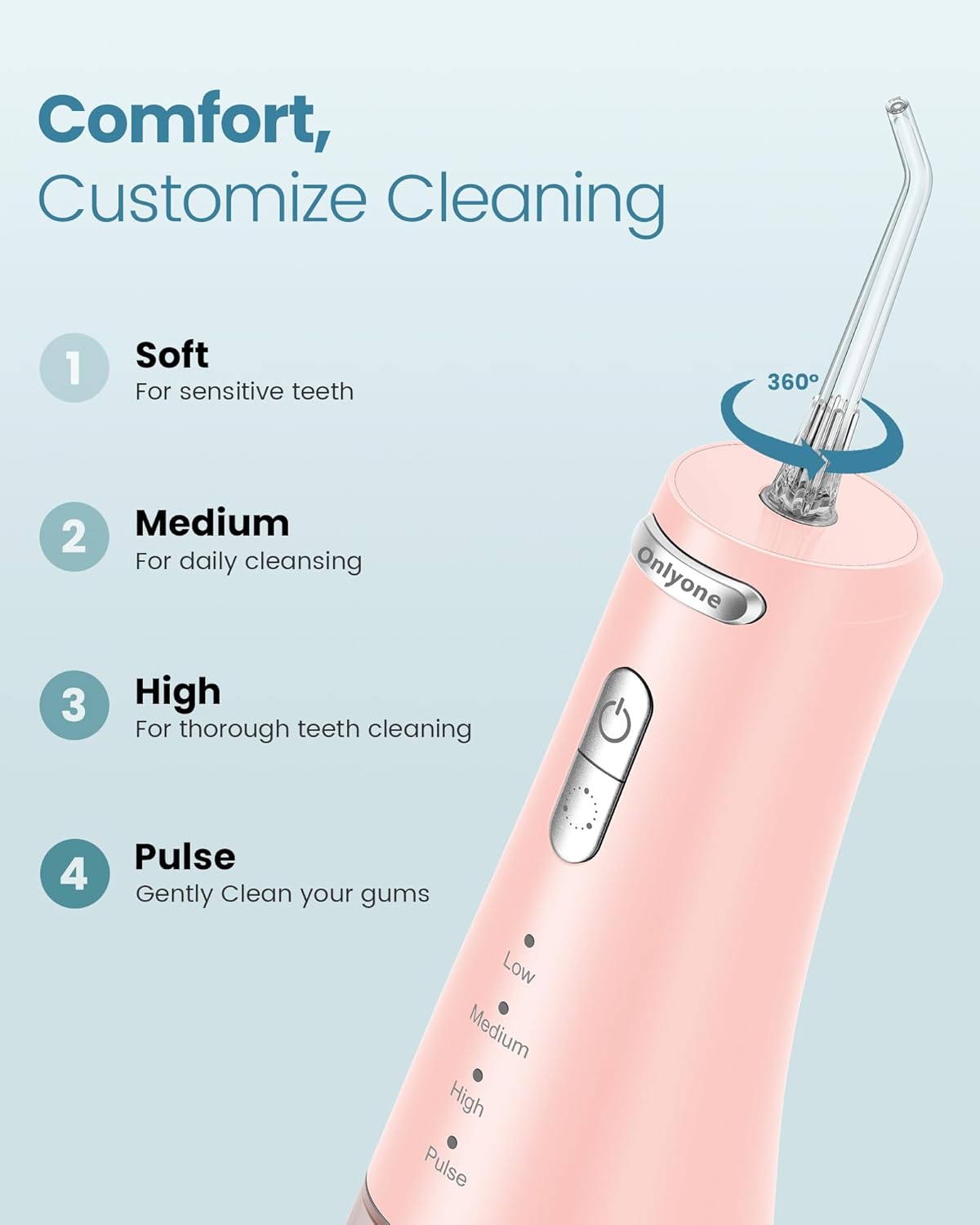 Onlyone Water Dental Flosser Pick for Teeth, 300ML Portable Oral Irrigator, Rechargeable Travel Irrigation Cleaner, Professional Electric Flossing Machine Birthday Gifts for Women,Mom,Girlfriend Pink