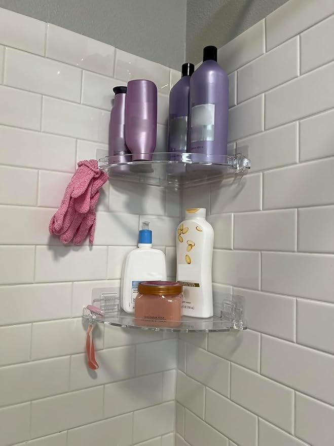 JiePai Acrylic Corner Shower Caddy Shelf with Hooks 2 Pack, Adhesive Wall Mounted Bathroom Shower Organizer for Inside Shower & Kitchen Storage, Space-Saving Design