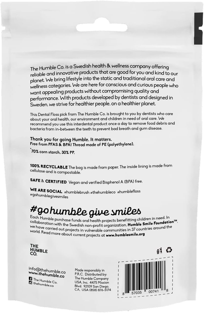 The Humble Co. Floss Picks (200 Count) – Plant Based Dental Floss Picks for Superior Oral Care, Dental Hygiene, and Gum Health, Cruelty Free Tooth Floss Picks (Charcoal, Single Thread)
