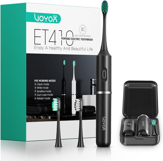 VOYOR-Health Travel Electric Toothbrush, Rechargeable Toothbrushes for Adults, Portable Sonic Toothbrush with 5 Modes, Three-Section Detachable Design with Travel Case ET410 (Black)