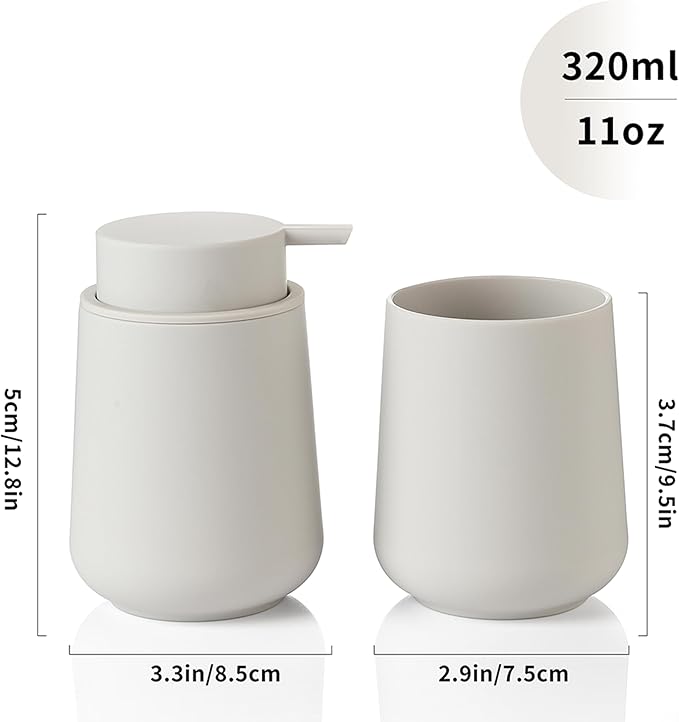 Matte Beige Bathroom Accessories 2 Piece Set Plastic Soap Dispenser and Toothbrush Holder for Modern Bathroom Decor