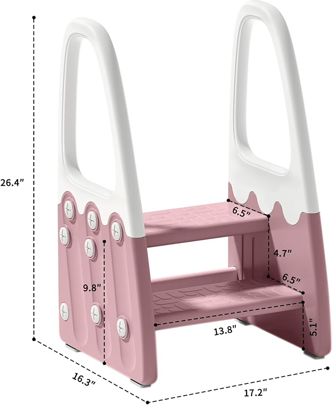 Two Step Stool with Handrails for Toddler and Kids, Standing Learning Stool Tower for Bathroom Sink, Potty Training, Children Step Up Learning Helper with Handles (Pink-White)