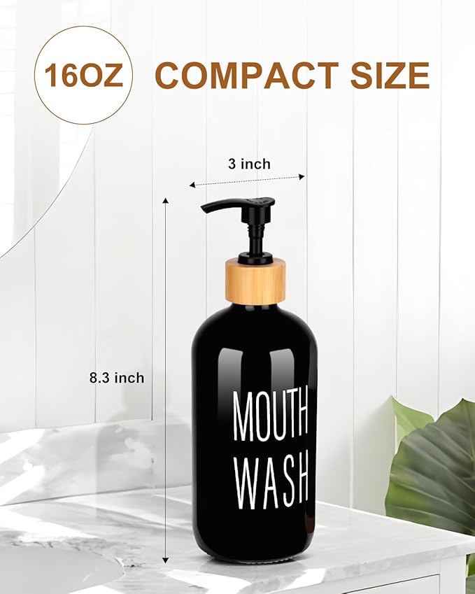 Pump Mouthwash Dispenser, Glass Mouthwash Container for Bathroom Countertop, Mouth Wash Bottle Decanter, Black, Printed Font