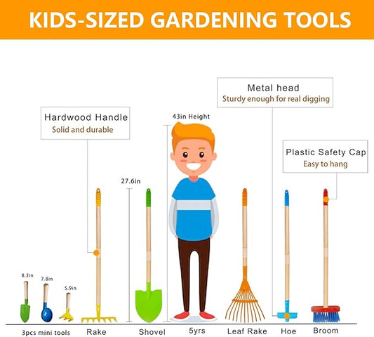 8PCS Kids Gardening Tools, Kids Rake and Shovel Set, Toddler Outdoor Yard Tools, Garden Toys Gifts for Boys Girls Age 3 4 5 6 7 8 Years Old