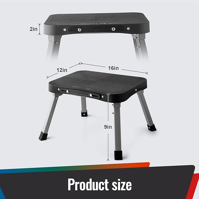 9" Folding Step Stool, Non-Slip 16x12 Large Platform, Portable Compact Sturdy 1-Step Stools for Kids Adults Seniors at Indoor Outdoor - Durable & Safe (9 inch, Black)