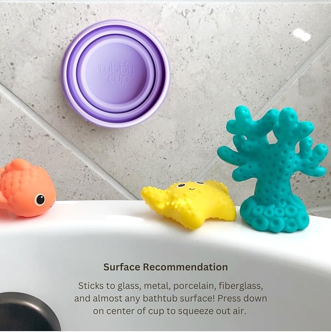 TubbyCup Baby Bath Rinse Cup, Collapsible & Convenient Space Saving Bath Cup with Suction Base, Sticks to Tub or Tile. Soft, Flexible, Makes Bath Time Safe & Fun. BPA-Free Non-Toxic Patented! (Purple)