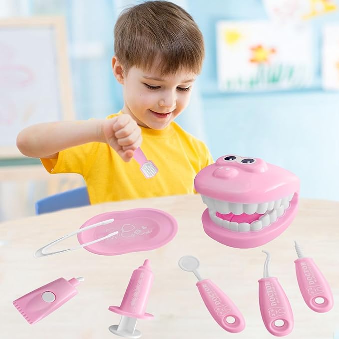 9-Piece Dental Pretend Play Set, Educational Dentist Play Kit with Teeth Model, Toothbrush, Dental Mirror, Syringe, Toothpaste, Tray, and Dental Tools, Fun Pretend Play Doctor Kit for Kids (Pink)
